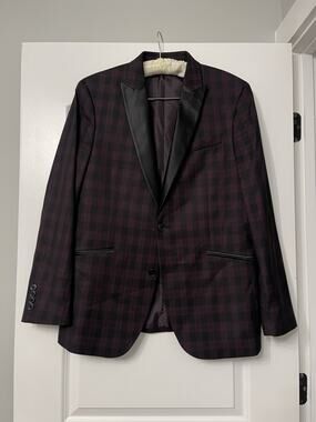 Madison Slim Fit Plum Black Check Tuxedo Blazer Jacket Satin Lapel Dark Academia
